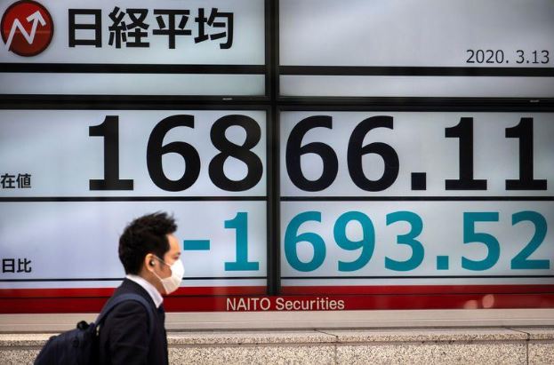 شاشة إلكترونية تعرض متوسط المؤشر نيكي للأسهم اليابانية خارج مكتب للسمسرة في العاصمة طوكيو يوم 13 مارس 2020. تصوير: أتيت بيراونجميتا - رويترز.